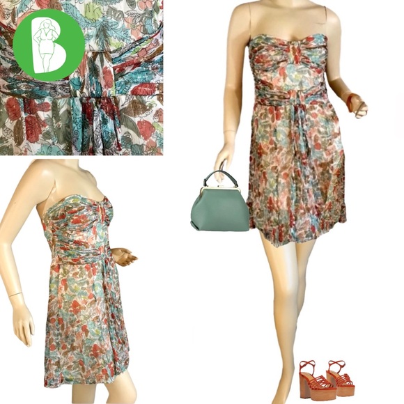 NANETTE LEPORE TEAL, ORANGE, CREAM & GOLD SILK CHIFFON STRAPLESS DRESS (6) - Picture 1 of 14